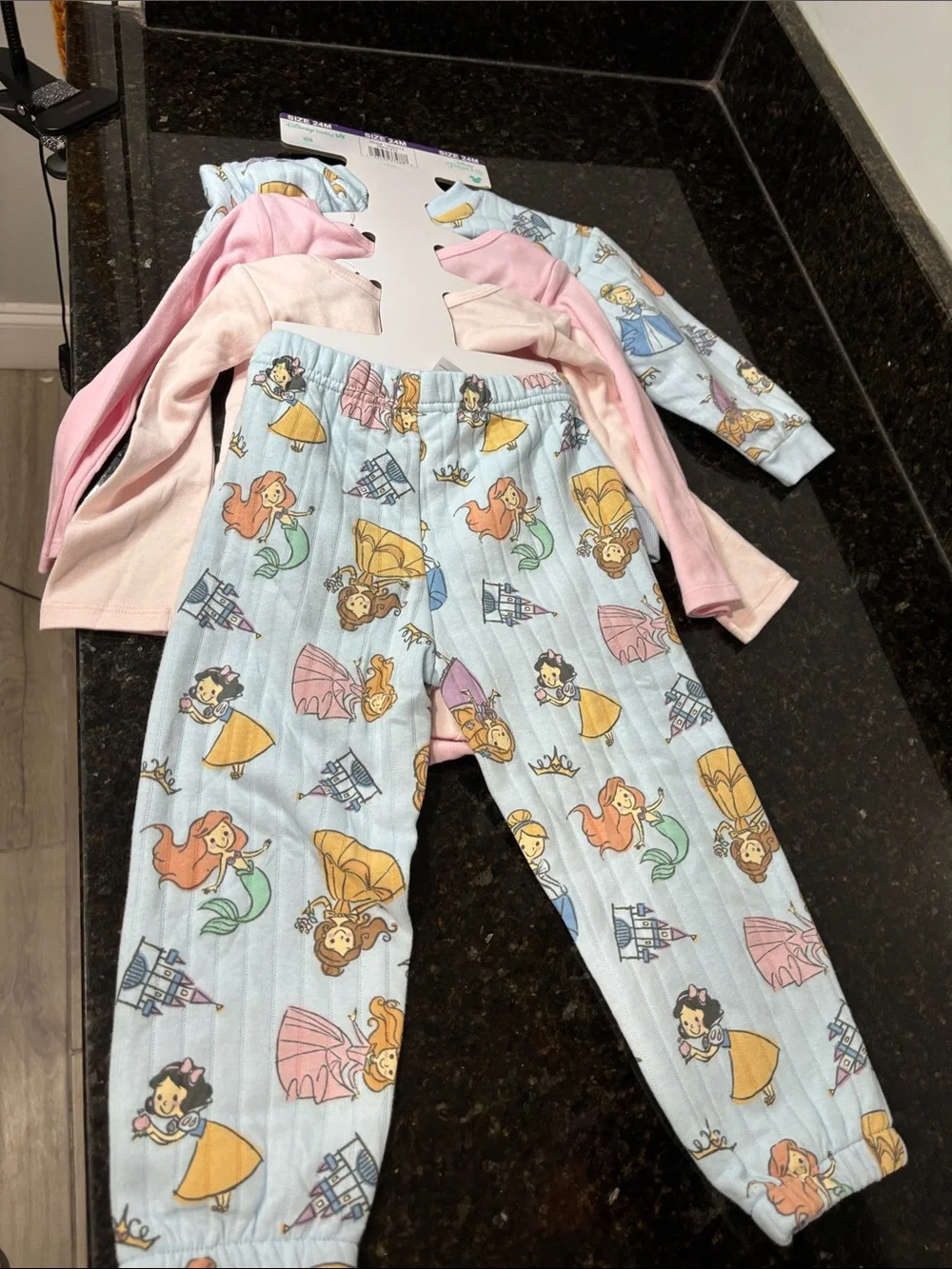 DISNEY Baby NWT 4-piece set, crew sweatshirt, matching pants, 2 bodysuits